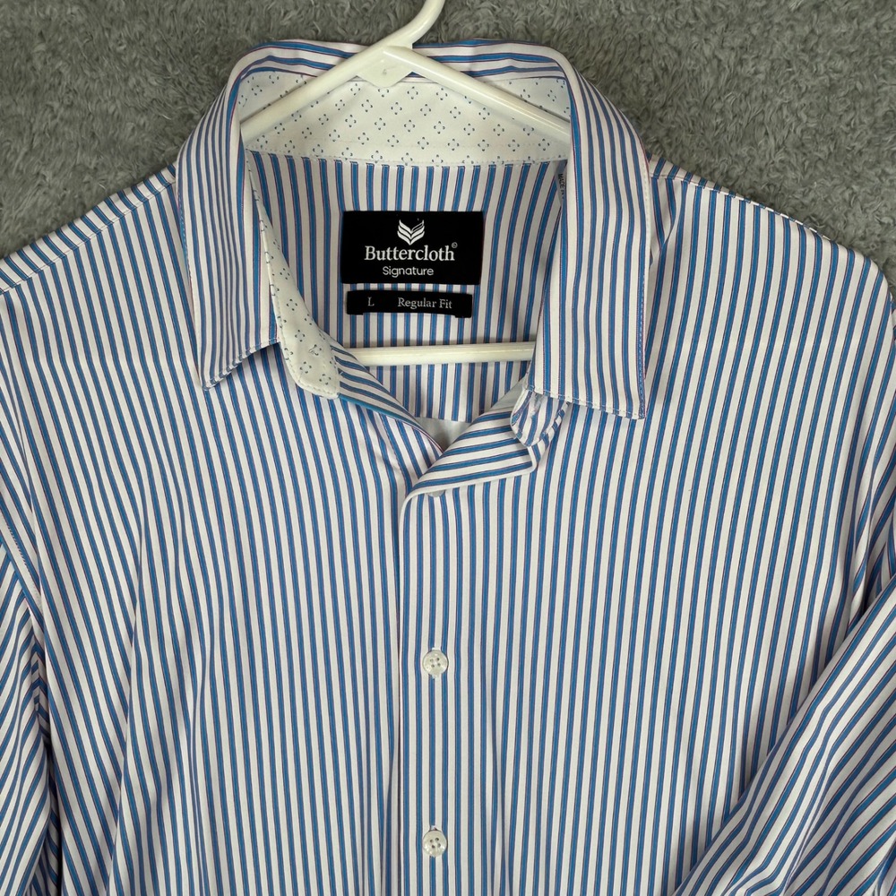 Buttercloth Signature Mens Large Regular Fit Blue White Striped Stretch Shirt